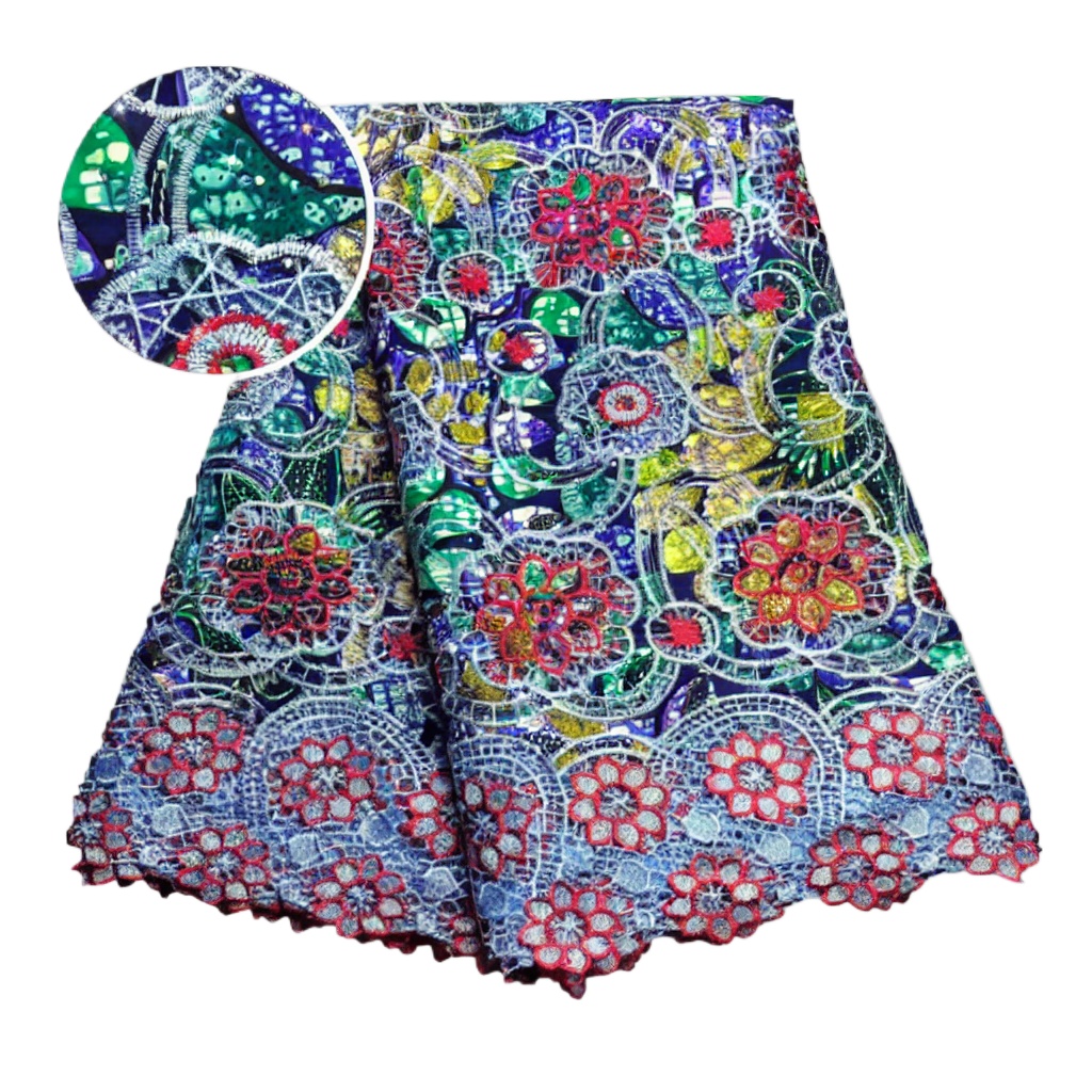 Sewing Batik - ผ้าลูกไม้แว็กซ์แอฟริกันผสมกลิตเตอร์ 100% ผ้าฝ้าย 5 หลา ปักลาย